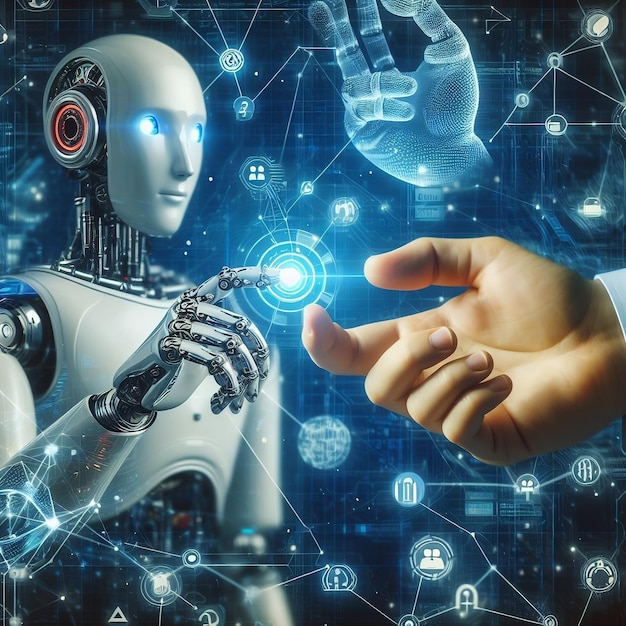 Os conceitos de inteligência artificial e aprendizagem de máquina são iluminados por robôs futuristas Internat