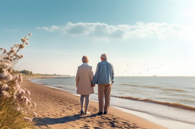 Os cônjuges de pessoas maduras caminham à beira-mar Viagem para aposentados