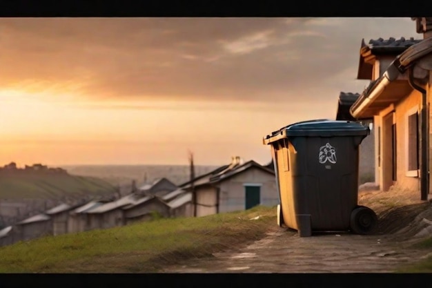 Foto os contentores de lixo com um nascer do sol sobre a pequena aldeia