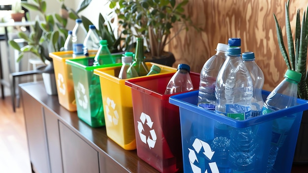 Os contentores de reciclagem de cores brilhantes ficam em fila sobre uma mesa de madeira. Os contentores são rotulados com os tipos de materiais que podem ser reciclados neles