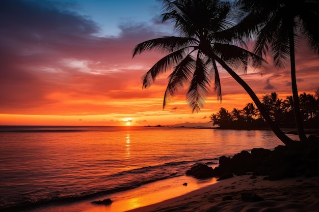 Os contornos das palmeiras são visíveis em uma praia tropical durante um pôr do sol espetacular
