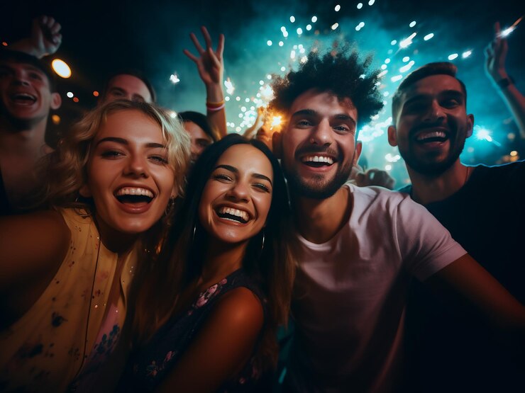 Foto os convidados da festa sorriem para uma foto de grupo alegre