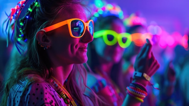 Foto os convidados vestindo brincos de neon, pulseiras e faixas para a cabeça criando um mar de cores brilhantes