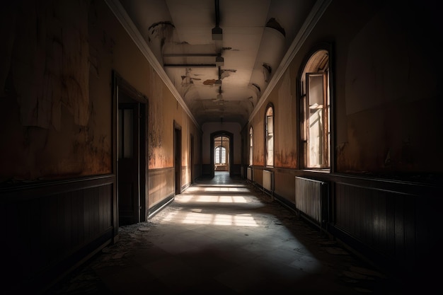 Os corredores mal iluminados de um asilo abandonado com sombras à espreita nos cantos criados com ai generativa