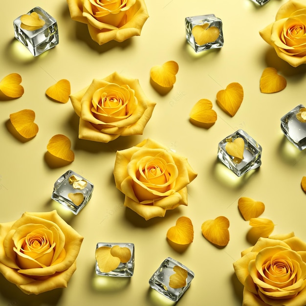 Foto os cubos de gelo que caem são cercados por pétalas amarelas de rosa e corações em um fundo amarelo claro