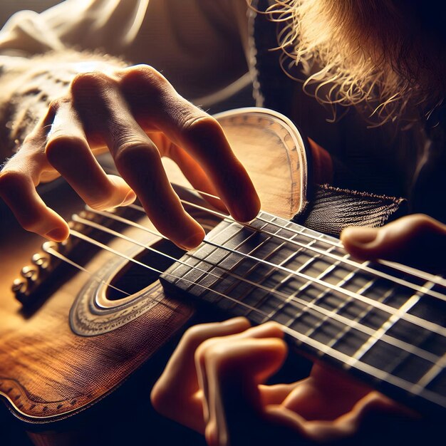 Foto os dedos dos músicos dançam nas cordas tecendo uma melodia soulful uma expressão profunda que ressonou