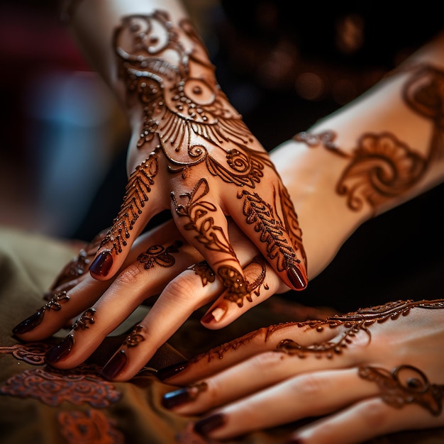 Os desenhos de mehndi são aplicados às mãos de uma mulher.