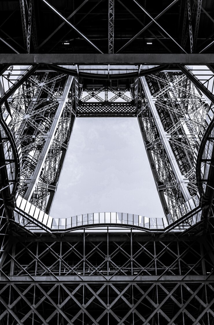Os detalhes em preto e branco da Torre Eiffel em Paris
