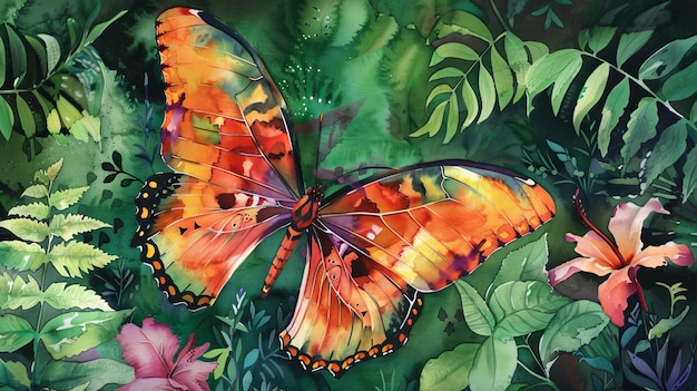 Os detalhes intrincados de uma borboleta aquarela se destacam contra um fundo de folhas verdes exuberantes e flores coloridas. Ilustração gerada por IA