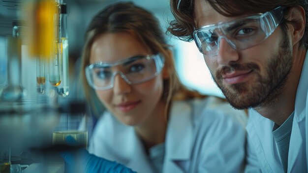 Foto os dois engenheiros felizes, um homem e uma mulher, estão analisando e discutindo como prosseguir com o software de inteligência artificial em um escritório de pesquisa de alta tecnologia.