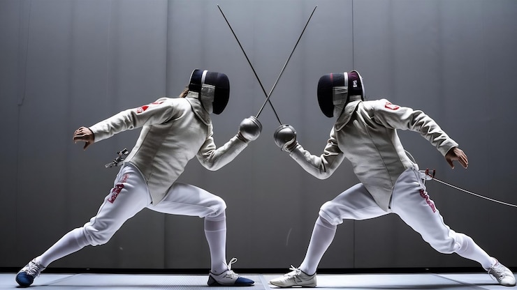 Foto os dois homens vestindo trajes de esgrima praticando com a espada contra o cinza