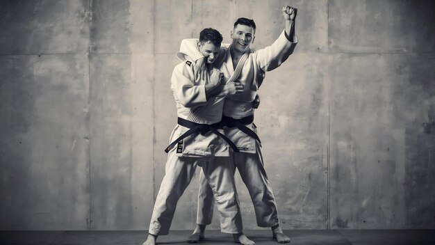 Os dois lutadores de judoka posando em cinza