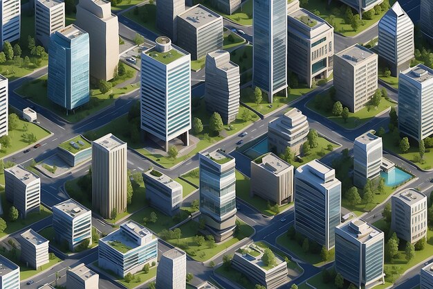 Os edifícios alinham a paisagem urbana Edifícios do distrito de negócios renderização 3D isométrica