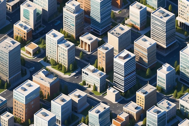 Os edifícios alinham a paisagem urbana Edifícios do distrito de negócios renderização 3D isométrica