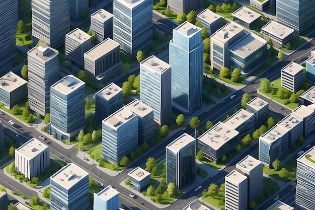 Os edifícios alinham a paisagem urbana Edifícios do distrito de negócios renderização 3D isométrica