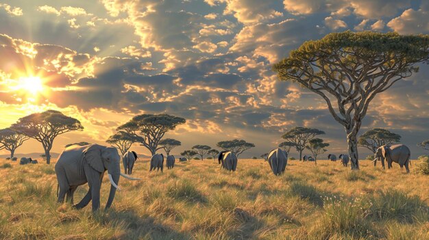 Foto os elefantes estão a caminhar num campo com o sol a pôr-se atrás deles.