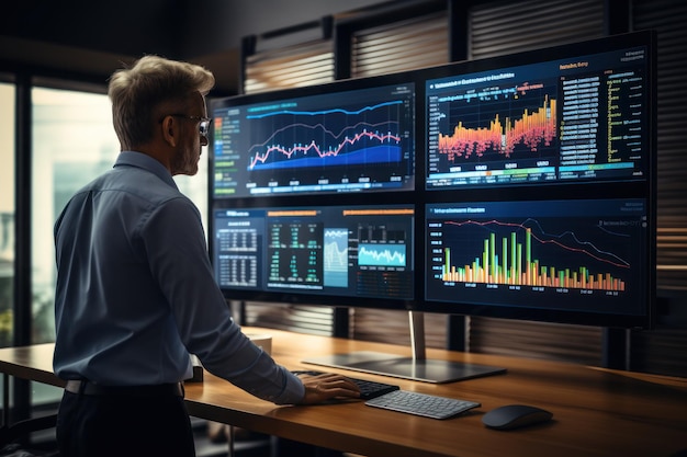 Os empresários analisam o gráfico de dados financeiros negociando forex investindo nos mercados de ações Generative AI