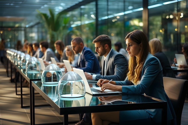 Os empresários estão trabalhando e se reunindo com o laptop e com o escritório de tecnologia O futuro está crescendo em b