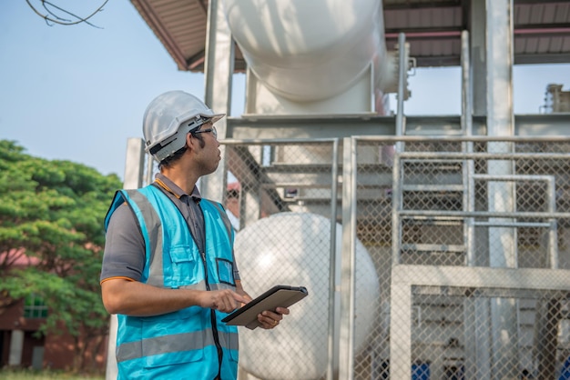 Os engenheiros trabalham no local para manter o cronograma de manutenção preventiva de hélio líquido, verificando o povo da tailândia