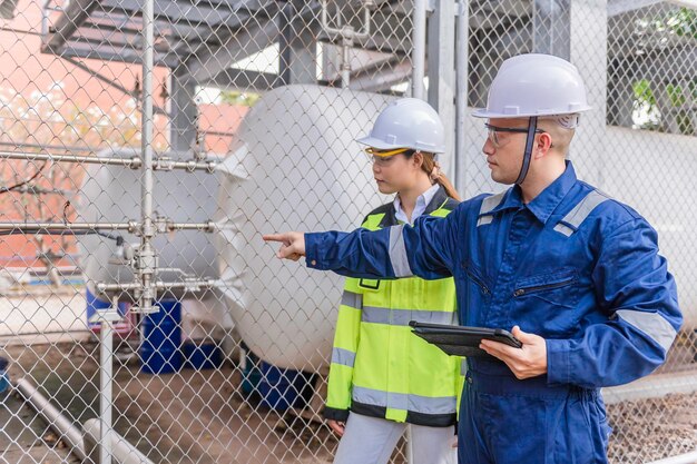 Os engenheiros trabalham no local para manter o hélio líquido verificação do cronograma de manutenção preventivapovo da tailândiatécnicos e engenheiros discutem o trabalho juntos