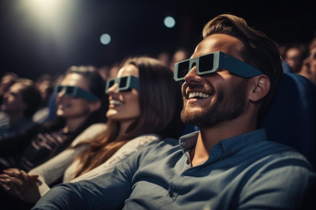 Foto os entusiastas do cinema absorvidos em filmes em 3d