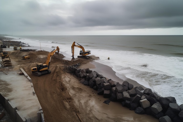 Os escavadores estão construindo um paredão de blocos de concreto para proteger o litoral generativo ai