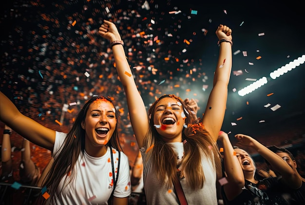 Os fãs desfrutam da festa no estádio de camiseta de cheerleader.