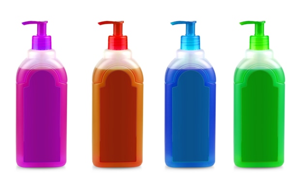 Os frascos coloridos com shampoo com dispensador na cor branca