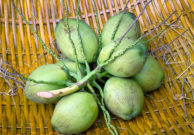 Os frutos de coco na cesta de bambu