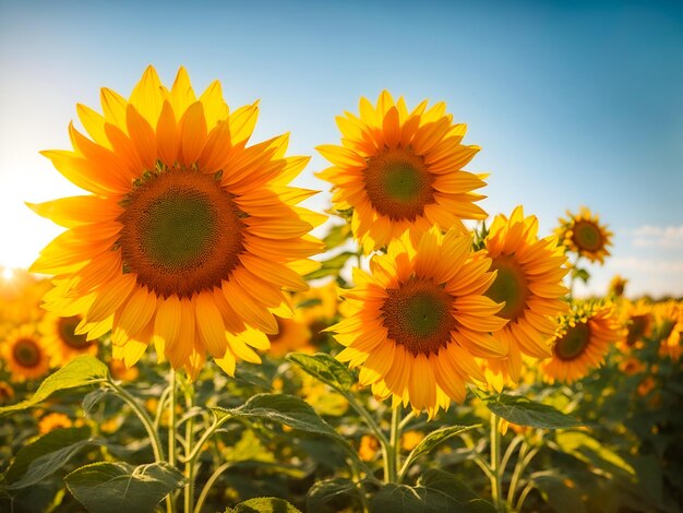 Os girassóis brilhantes banham-se na luz dourada do sol.