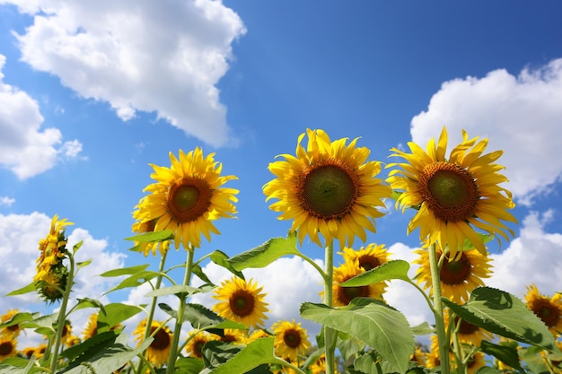 Os girassóis estão florescendo em um fundo de céu azul