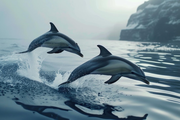 Os golfinhos majestosos do mar voam alto