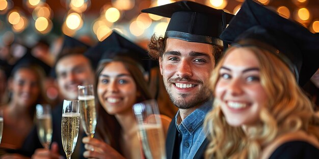 Foto os graduados celebram com champanhe ou fazem brindes com seus amigos