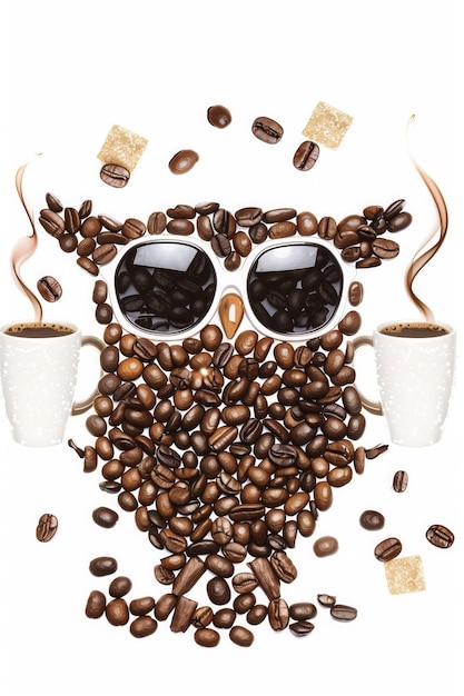 Os grãos de café estão dispostos em forma de coruja