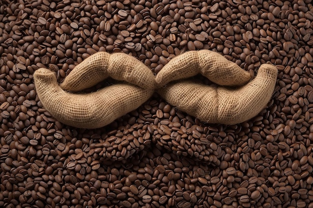 Os grãos de café estão dispostos na forma de um bigode acima deles as xícaras de café parecem olhos