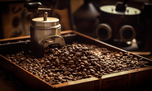 Foto os grãos de café torrados estão na caixa de madeira.