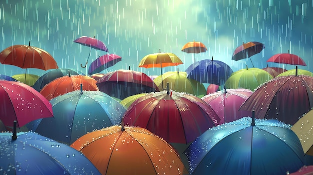 Os guarda-chuvas coloridos protegem as pessoas da chuva as gotas de chuva estão caindo pesadamente mas os guarda-chuva estão mantendo-as secas