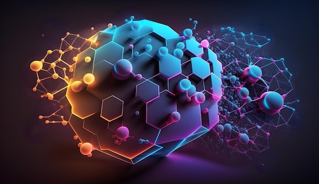 Os hexágonos moldam as conexões de rede global com pontos e linhas ai generativa de fundo de ciência