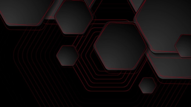 Os hexágonos pretos com linhas vermelhas abstraem o fundo geométrico