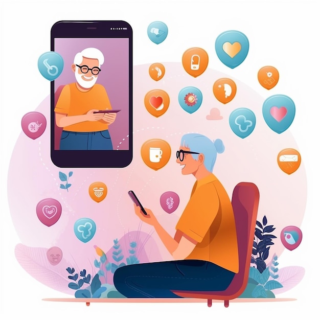 Os idosos estão a fazer chamadas de vídeo, a conversar em chamadas de longa distância.