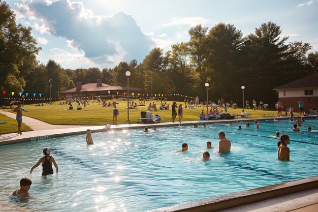 Os indivíduos gostam de nadar tranquilamente em uma grande piscina sob o céu