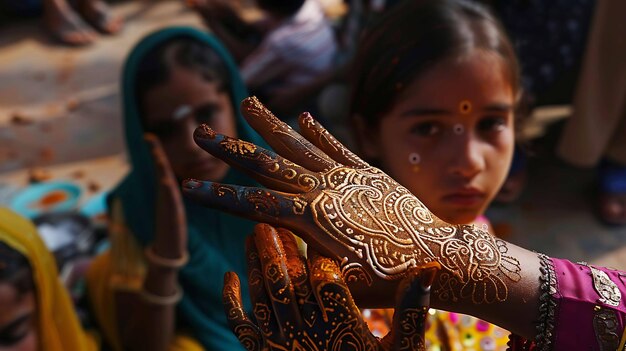 Os intrincados padrões de henna adornam as mãos de uma jovem indiana, criando uma hipnotizante exibição de arte e tradição