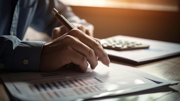 Os investidores estão calculando lucros e custos com calculadoras de crescimento e análise de gráfico de investimento, planejamento de negócios e estratégias para maximizar os lucros de vendas Plano de negócios de longo prazo AI Generate