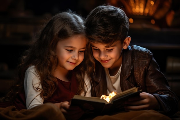 Os irmãos estão sentados na cama e lendo um livro