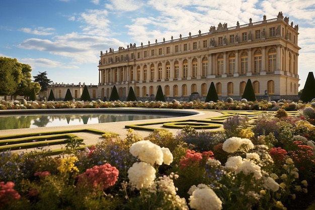 Os jardins do palácio estão decorados com flores e a fonte está cercada de flores.