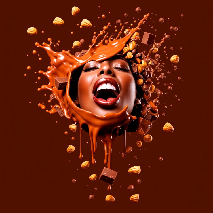 Foto os lábios das mulheres numa explosão de caramelo de chocolate e batatas fritas de nozes e avelãs.