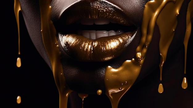 Os lábios de uma mulher cobertos por um líquido dourado
