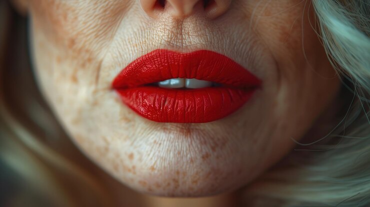 Foto os lábios de uma velhota enrugada são pintados com batom vermelho.