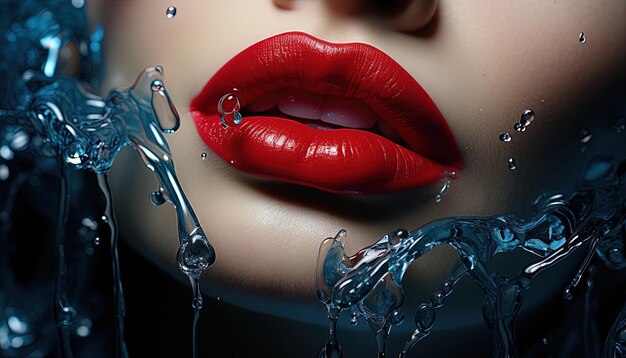 Foto os lábios vermelhos com gotas de água.