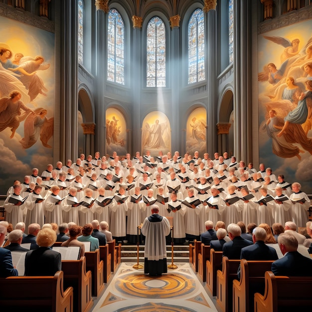 Os membros do coro harmonizaram lindamente durante um hino na grande basílica preenchendo o espaço sagrado w